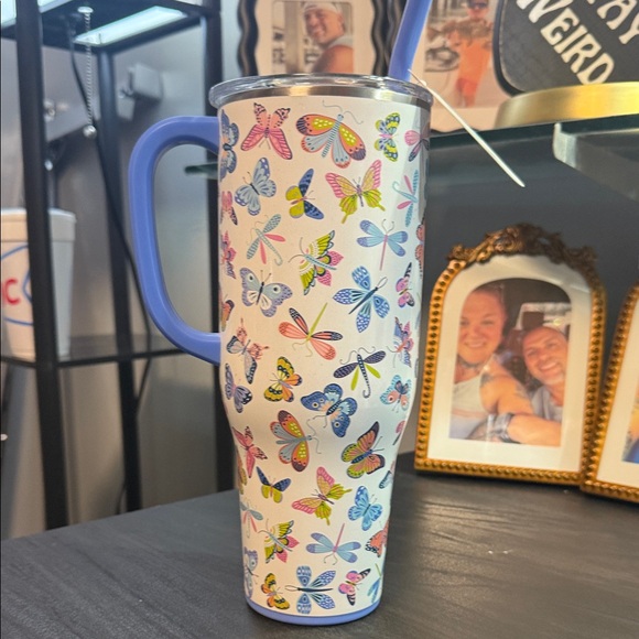 Colorful Butterfly Mug with Blue Handle - Picture 1 of 1